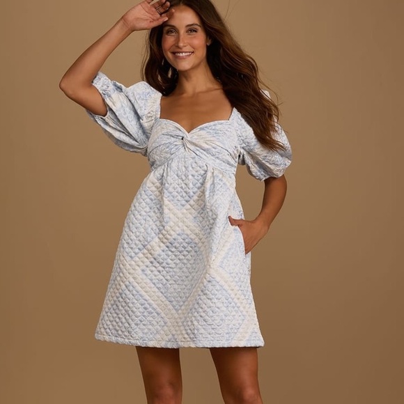 En Saison Quilted Scarf Print Puff Sleeve Mini Dress - Picture 1 of 12